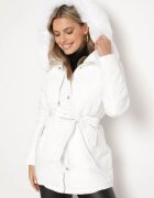 j.style Geacă Albă cu blană detașabilă la glugă cu curea în talie Amintinnia