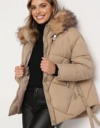 j.style Geacă Bej Închis Matlasată cu Glugă cu Blană și Fente cu Capse Karintinnia