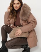 j.style Geacă Bej închis Matlasată cu Glugă și Blană Detașabilă cu Cordon în Talie Siamirae