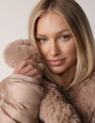 j.style Geacă Bej Matlasată Sub Genunchi cu Blană Decorativă Velveti
