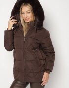 j.style Geacă Maro Matlasată cu Glugă cu Blană în Stil Clasic Mindrie