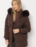 j.style Geacă Maro Matlasată cu Glugă cu Blană în Stil Clasic Mindrie