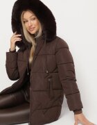 j.style Geacă Maro Matlasată cu Glugă cu Blană în Stil Clasic Mindrie