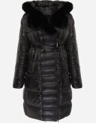 j.style Geacă Matlasată Neagră până la Genunchi cu Blană Decorativă Velveti
