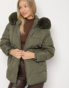 j.style Geacă Matlasată Verde închis cu Glugă cu Blană în Stil Clasic Mindrie