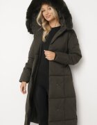 j.style Geacă matlasată verde închisă cu glugă cu blană detașabilă și curea de legat Kikira