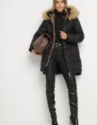 j.style Geacă Neagră cu Glugă cu Blană Decorată cu Matlasare Originală Oleda