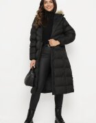 j.style Geacă Neagră Matlasată și căptușită gros cu Glugă cu Blană Gelirra
