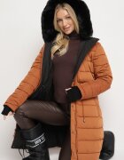 j.style Geacă Neagră Reversibilă sub Genunchi cu Glugă cu Blană Zephyro