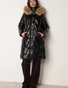 j.style Geacă Negru-Maro de Iarnă Matlasată Lungă cu Glugă și Blană Detașabilă Lilareen