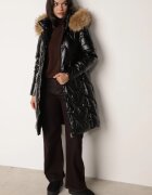 j.style Geacă Negru-Maro de Iarnă Matlasată Lungă cu Glugă și Blană Detașabilă Lilareen