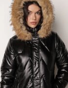 j.style Geacă Negru-Maro de Iarnă Matlasată Lungă cu Glugă și Blană Detașabilă Lilareen