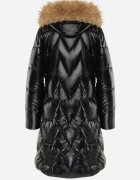 j.style Geacă Negru-Maro de Iarnă Matlasată Lungă cu Glugă și Blană Detașabilă Lilareen