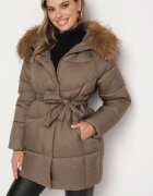 j.style Geacă Verde închis Matlasată cu glugă cu blană detașabilă și curea legată Issaronia