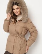 j.style Jachetă Bej Matlasată cu glugă și blană detașabilă cu centură în talie Siamirae