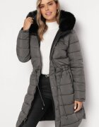 j.style Jachetă Gri-Negru Reversibilă sub genunchi cu glugă cu blană Zephyro