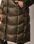 j.style Jachetă lungă matlasată verde cu Glugă Detașabilă cu Blană și Fentă cu Capse Dennithra