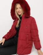 j.style Jachetă Matlasată Bordo cu Glugă cu Blană în Stil Clasic Mindrie