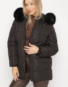 j.style Jachetă Neagră Matlasată cu Glugă cu Blană în Stil Clasic Mindrie