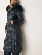 j.style Palton Maxi Matlasat Verde închis cu încrețituri decorative și blană Estenous