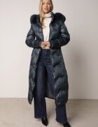 j.style Palton Maxi Matlasat Verde închis cu încrețituri decorative și blană Estenous