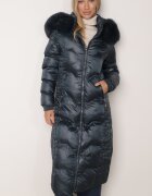 j.style Palton Maxi Matlasat Verde închis cu încrețituri decorative și blană Estenous