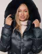 j.style Palton Maxi Matlasat Verde închis cu încrețituri decorative și blană Estenous
