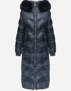 j.style Palton Maxi Matlasat Verde închis cu încrețituri decorative și blană Estenous