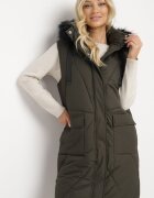 j.style Vestă Lungă Matlasată Verde Închis cu Glugă și Blană Închisă cu Capse Avarienne