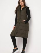 j.style Vestă Lungă Verde închis cu Matlasare Clasică și Glugă Shin