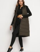 j.style Vestă Lungă Verde închis cu Matlasare Clasică și Glugă Shin