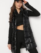 j.style Vestă neagră cu matlasare reliefată cu glugă și efect lăcuit Damess