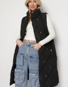 j.style Vestă Neagră Matlasată cu Croi Lung cu Guler Ridicat și Buzunare Avatheia