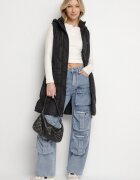 j.style Vestă Neagră Matlasată cu Glugă Detașabilă și Elastic Lorianvia