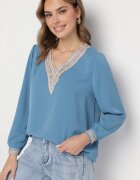 j&x Bluză Albastră în Stil Rustic cu Dantelă și Decolteu în V Gonlira