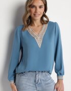 j&x Bluză Albastră în Stil Rustic cu Dantelă și Decolteu în V Gonlira