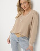 j&x Bluză Bej în Stil Rustic cu Dantelă și Decolteu în V Gonlira