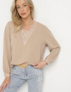 j&x Bluză Bej în Stil Rustic cu Dantelă și Decolteu în V Gonlira