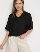 j&x Bluză neagră din bumbac cu broderie decorativă Rinevra