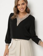 j&x Bluză Negru în Stil Rustic cu Dantelă și Decolteu în V Gonlira
