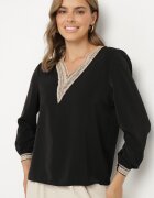 j&x Bluză Negru în Stil Rustic cu Dantelă și Decolteu în V Gonlira