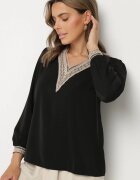 j&x Bluză Negru în Stil Rustic cu Dantelă și Decolteu în V Gonlira
