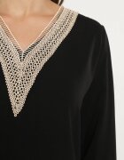 j&x Bluză Negru în Stil Rustic cu Dantelă și Decolteu în V Gonlira