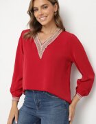 j&x Bluză Roșie în Stil Rustic cu Dantelă și Decolteu în V Gonlira