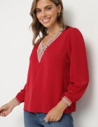 j&x Bluză Roșie în Stil Rustic cu Dantelă și Decolteu în V Gonlira