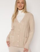 j&x Cardigan Bej deschis cu Bumbac Decorat cu Model împletit și Buzunare Mevesava