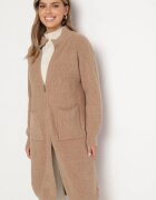 j&x Cardigan Bej închis din lână cu croială lungă și dreaptă cu guler înalt cu fermoar Boniala