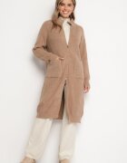 j&x Cardigan Bej închis din lână cu croială lungă și dreaptă cu guler înalt cu fermoar Boniala