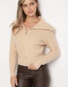 j&x Cardigan Bej Tricotat cu Lână cu Guler înalt cu Fermoar Zinellia