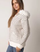 j&x Cardigan cu lână bumbac și glugă cu blăniță în dungi Jossalind Alb cu maro